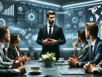 A high-definition image depicting a Chief Information Security Officer (CISO) in a corporate setting