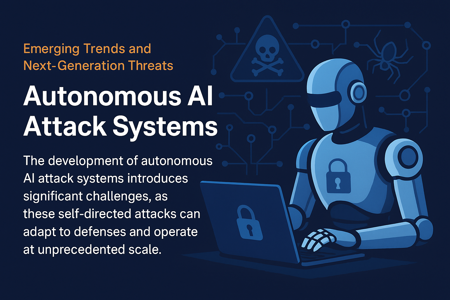 Visual depiction of an AI-driven cyberattack system operating autonomously, identifying and exploiting vulnerabilities.
