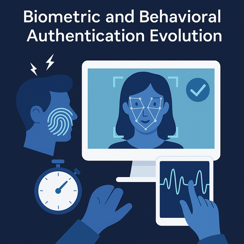 Infographic illustrating modern authentication using biometrics, behavior patterns, and continuous verification.
