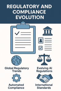 Flat-style infographic illustrating the evolution of cybersecurity compliance and data privacy laws.