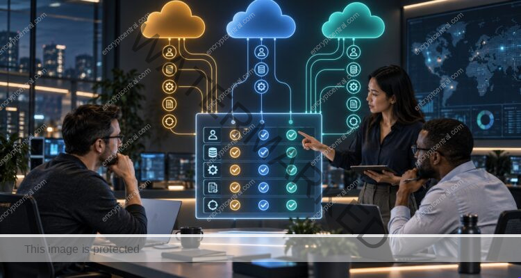 A security team maps identity, data, configuration, logging, and recovery responsibilities across three cloud environments.