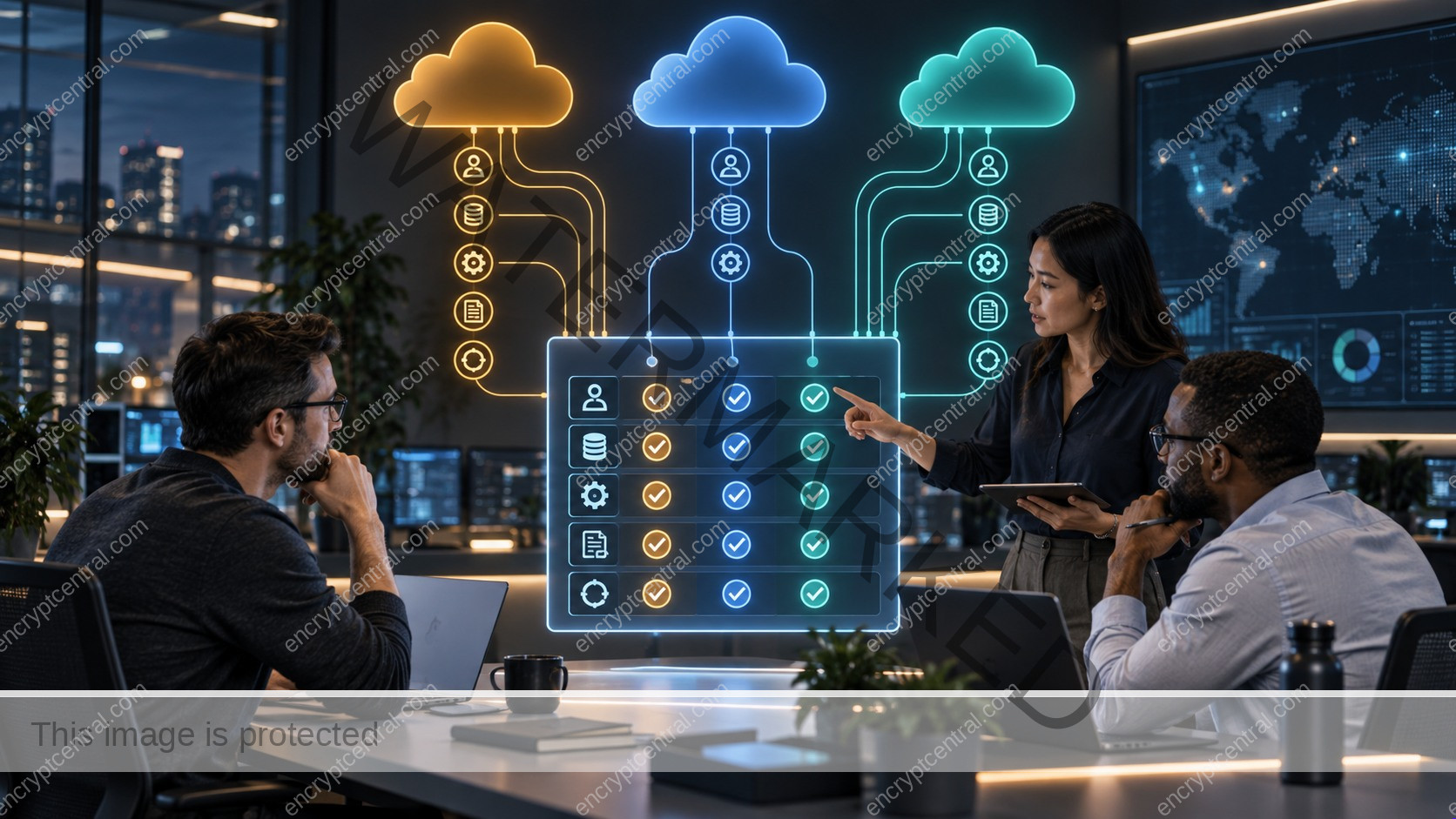 A security team maps identity, data, configuration, logging, and recovery responsibilities across three cloud environments.
