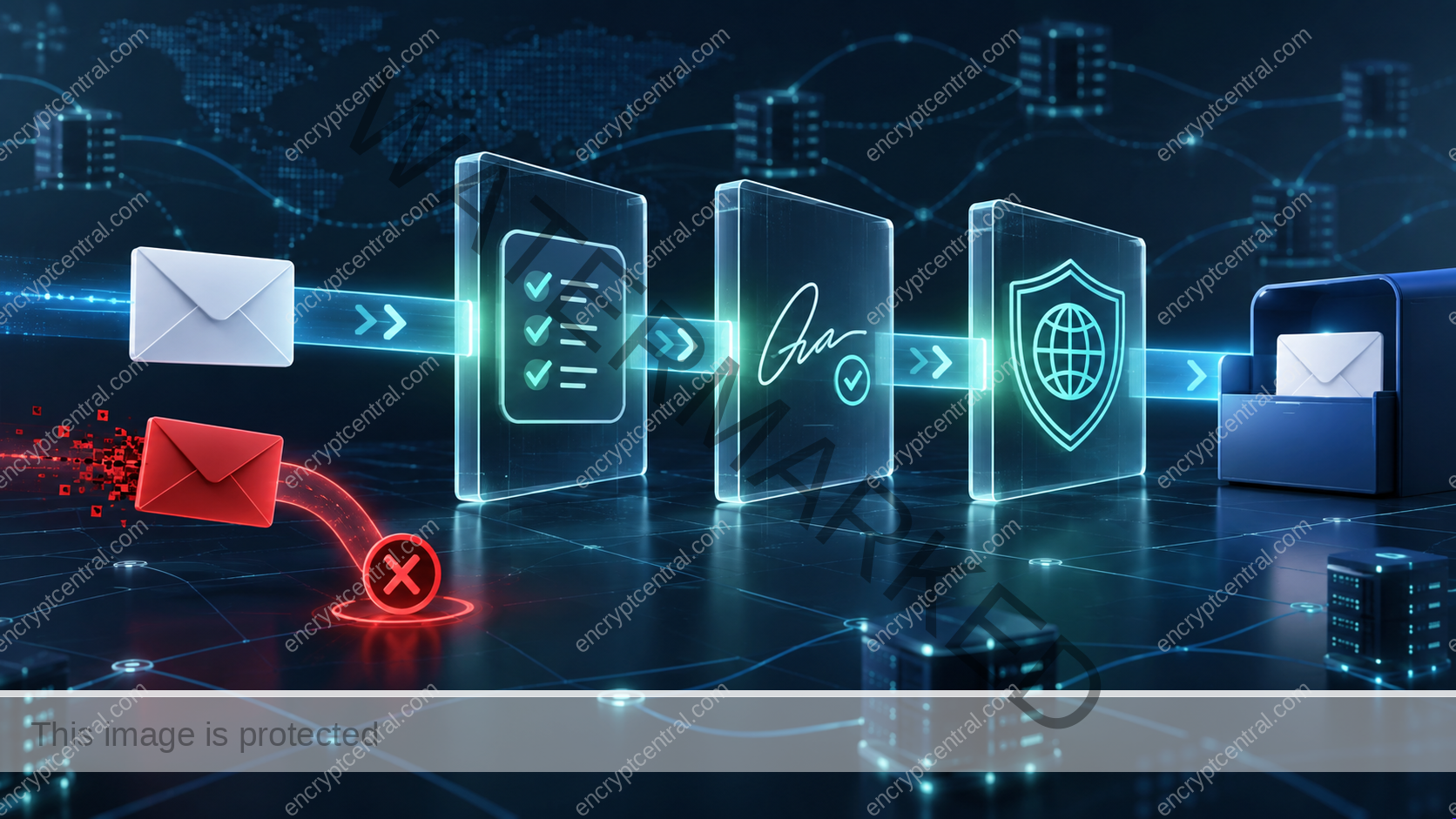 Legitimate email passes through SPF, DKIM, and DMARC security gates while a forged message is blocked.