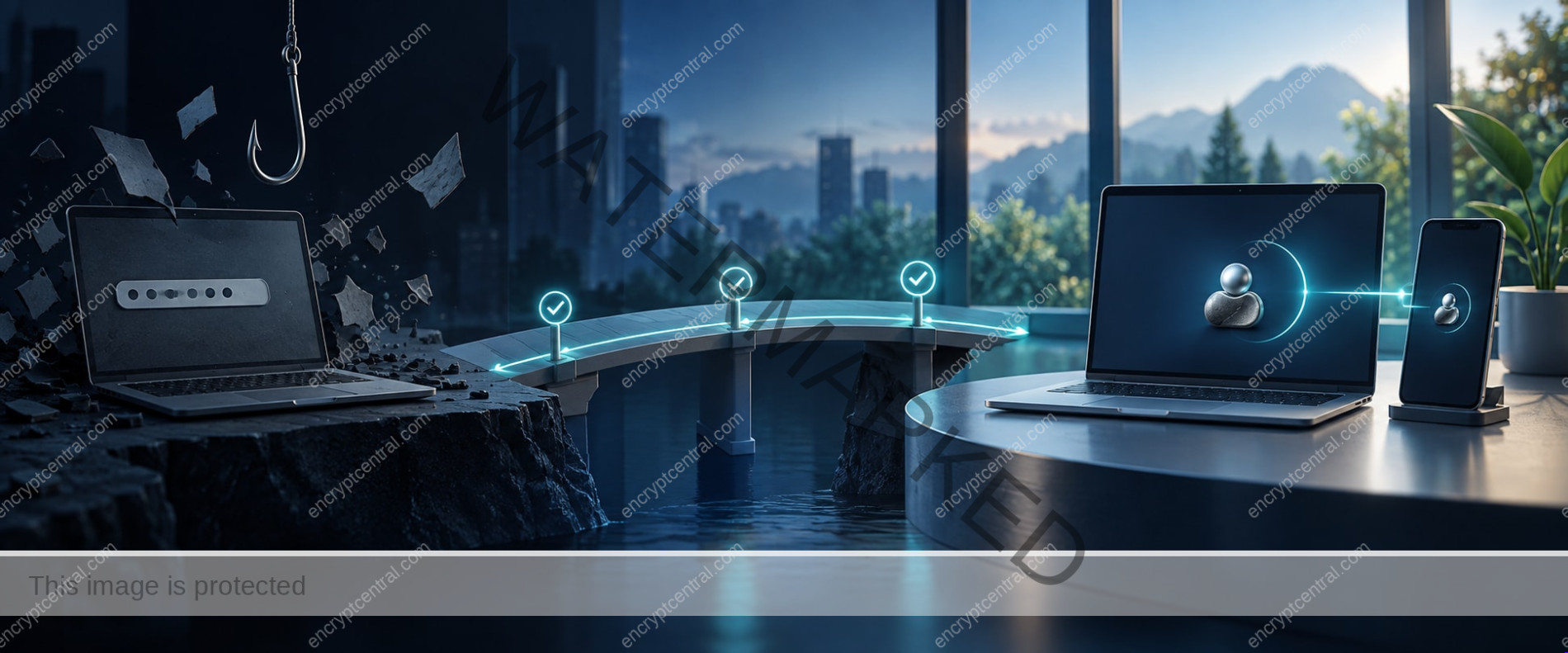 Legacy password sign-in crosses a checkpointed migration bridge to passkey authentication on a laptop and phone.