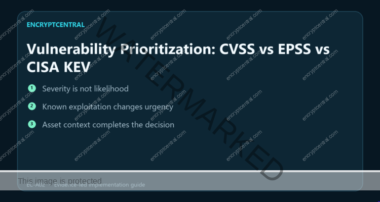 EncryptCentral visual summary for Vulnerability Prioritization: CVSS vs EPSS vs CISA KEV