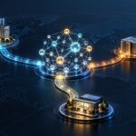 A central intelligence graph connects to an enterprise tower, a service-provider hub with client buildings, and a small business workspace.