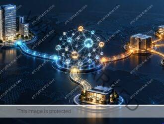 A central intelligence graph connects to an enterprise tower, a service-provider hub with client buildings, and a small business workspace.