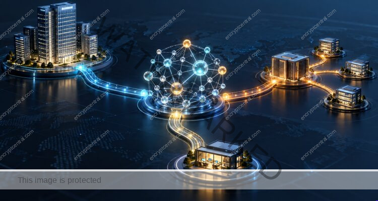 A central intelligence graph connects to an enterprise tower, a service-provider hub with client buildings, and a small business workspace.