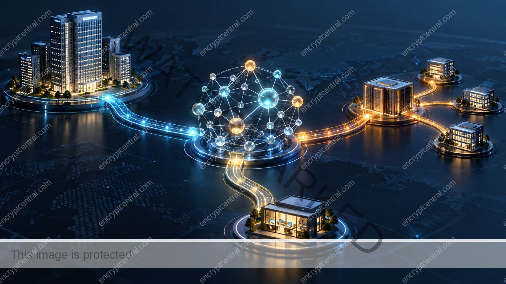 A central intelligence graph connects to an enterprise tower, a service-provider hub with client buildings, and a small business workspace.
