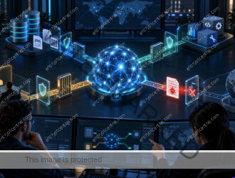 Security team monitors an abstract AI agent core whose data, tool, approval, and outbound network paths are separated by policy gates.
