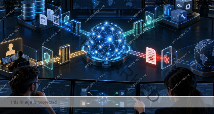 Security team monitors an abstract AI agent core whose data, tool, approval, and outbound network paths are separated by policy gates.
