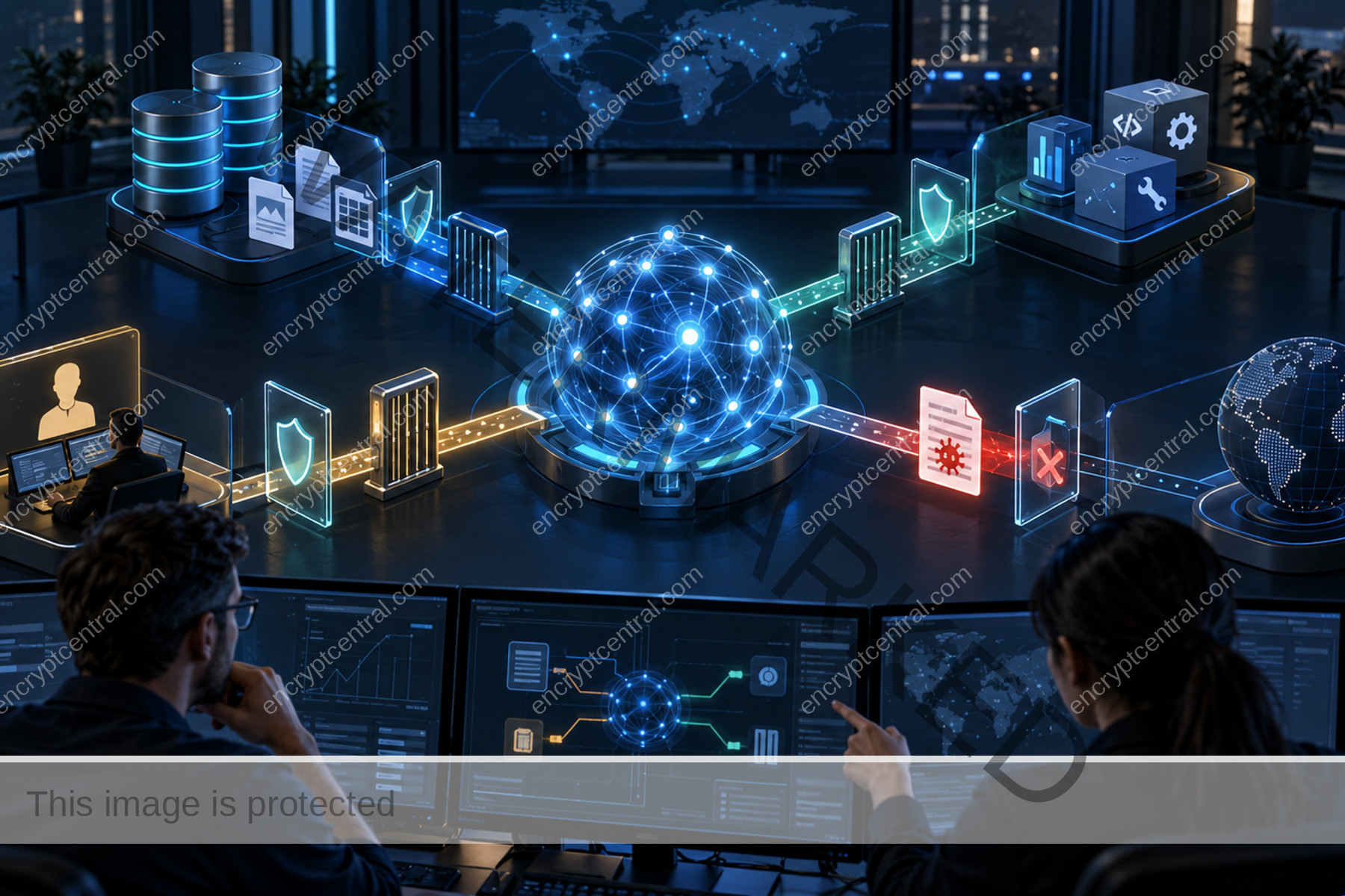 Security team monitors an abstract AI agent core whose data, tool, approval, and outbound network paths are separated by policy gates.