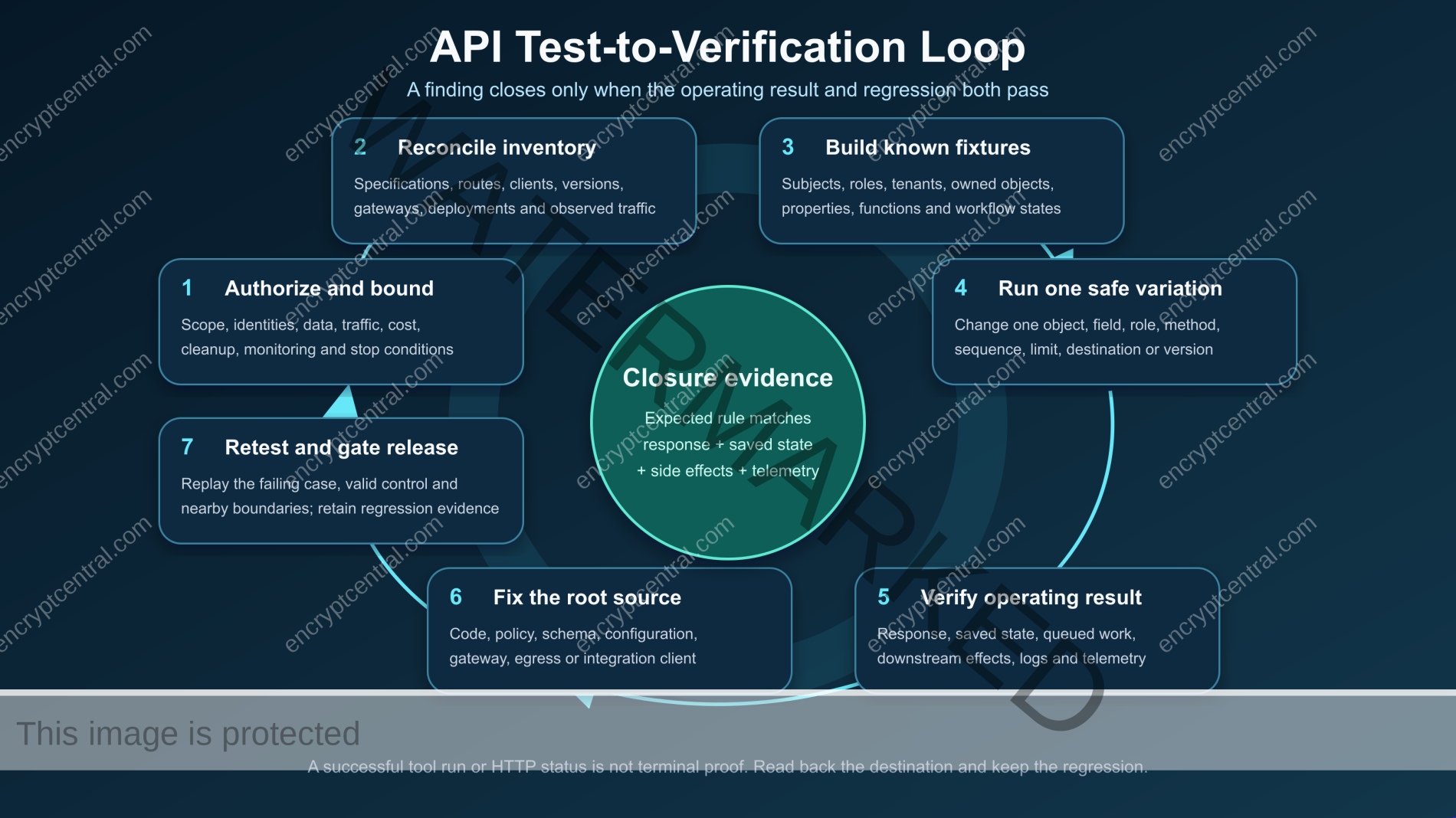 Seven-step API testing loop from written authorization and inventory through fixtures, safe variation, operating-state verification, root-cause repair, and release regression.
