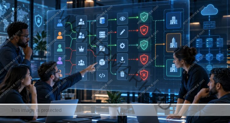 Application security team reviews user, role, resource, and tenant authorization paths with visible allow and deny decisions.