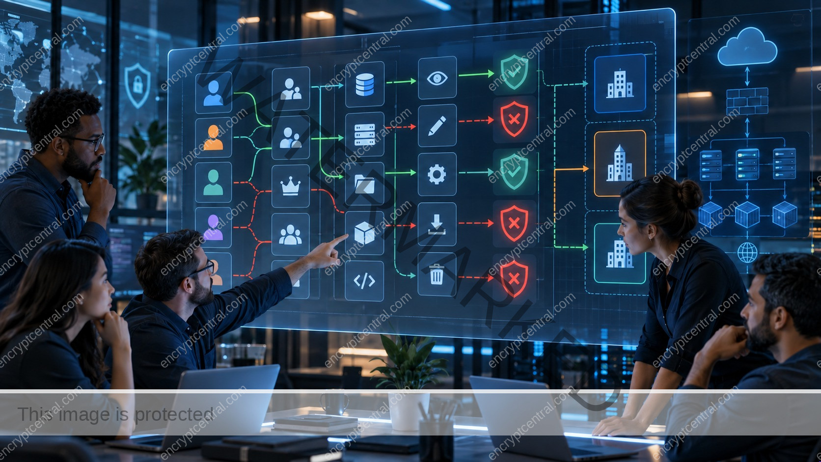 Application security team reviews user, role, resource, and tenant authorization paths with visible allow and deny decisions.