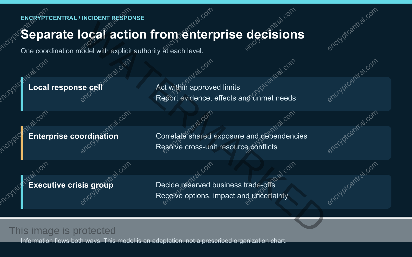 Local response cells, enterprise coordination and an executive crisis group have different decisions and exchange information in both directions.