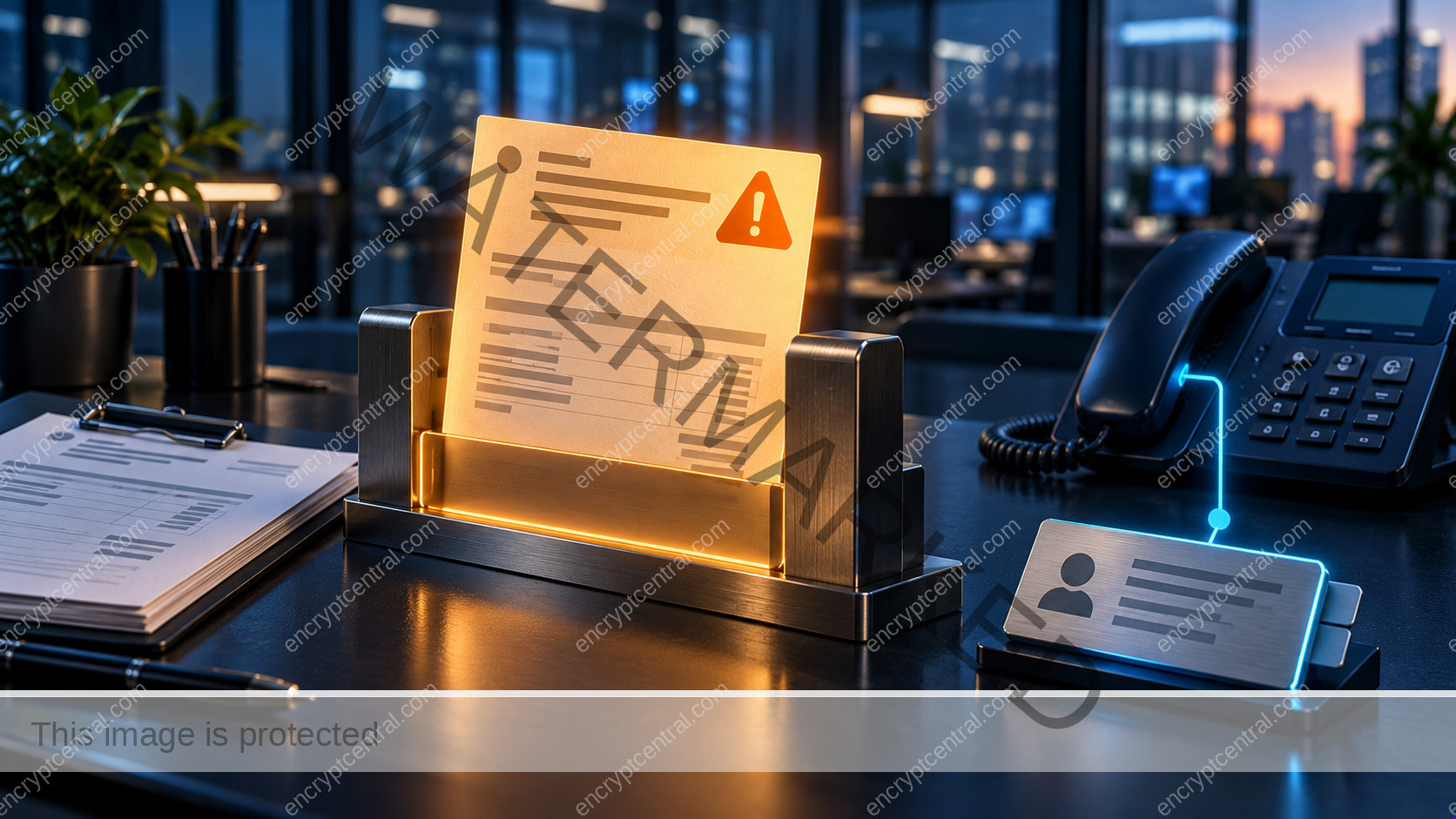 Conceptual amber vendor change request held in a metal review gate, beside an invoice and a separate cyan-lit supplier contact card and telephone.