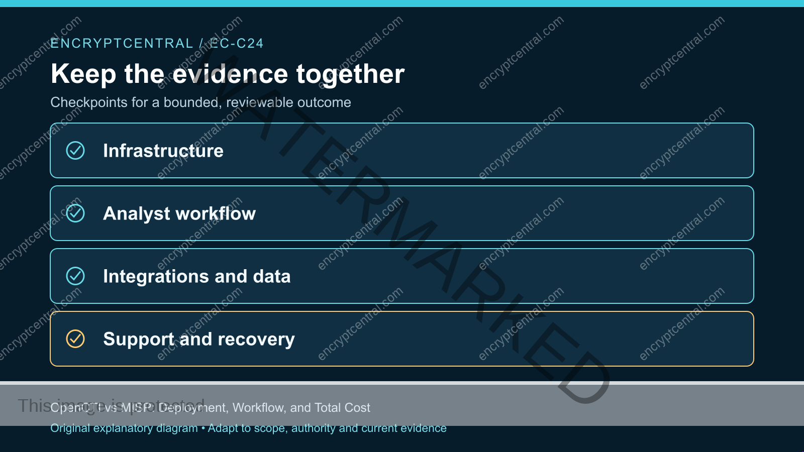 Evidence checkpoints: Infrastructure; Analyst workflow; Integrations and data; Support and recovery