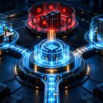 Three distinct interlocking operational lanes in a dimensional miniature command center: a business workstream, isolated incident zone and carefully restored server rack converge on a single illuminated service platform. Conceptual illustration.