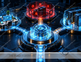 Three distinct interlocking operational lanes in a dimensional miniature command center: a business workstream, isolated incident zone and carefully restored server rack converge on a single illuminated service platform. Conceptual illustration.
