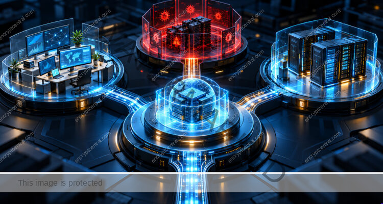 Three distinct interlocking operational lanes in a dimensional miniature command center: a business workstream, isolated incident zone and carefully restored server rack converge on a single illuminated service platform. Conceptual illustration.