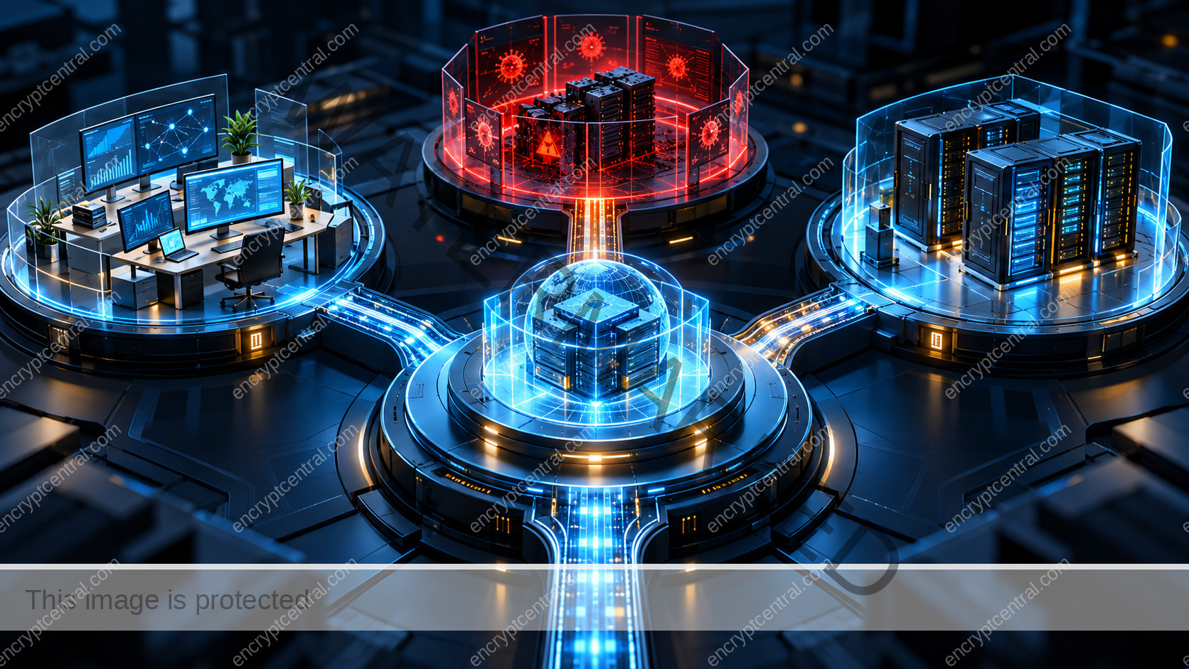 Three distinct interlocking operational lanes in a dimensional miniature command center: a business workstream, isolated incident zone and carefully restored server rack converge on a single illuminated service platform. Conceptual illustration.