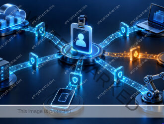 A coherent access map fans out from an employee identity badge to cloud applications, device and automation key; each path passes through a cyan closure checkpoint, one amber residual session highlighted. Conceptual illustration.