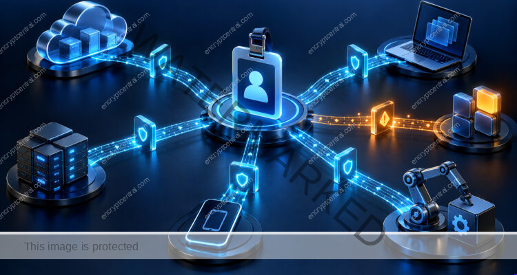 A coherent access map fans out from an employee identity badge to cloud applications, device and automation key; each path passes through a cyan closure checkpoint, one amber residual session highlighted. Conceptual illustration.