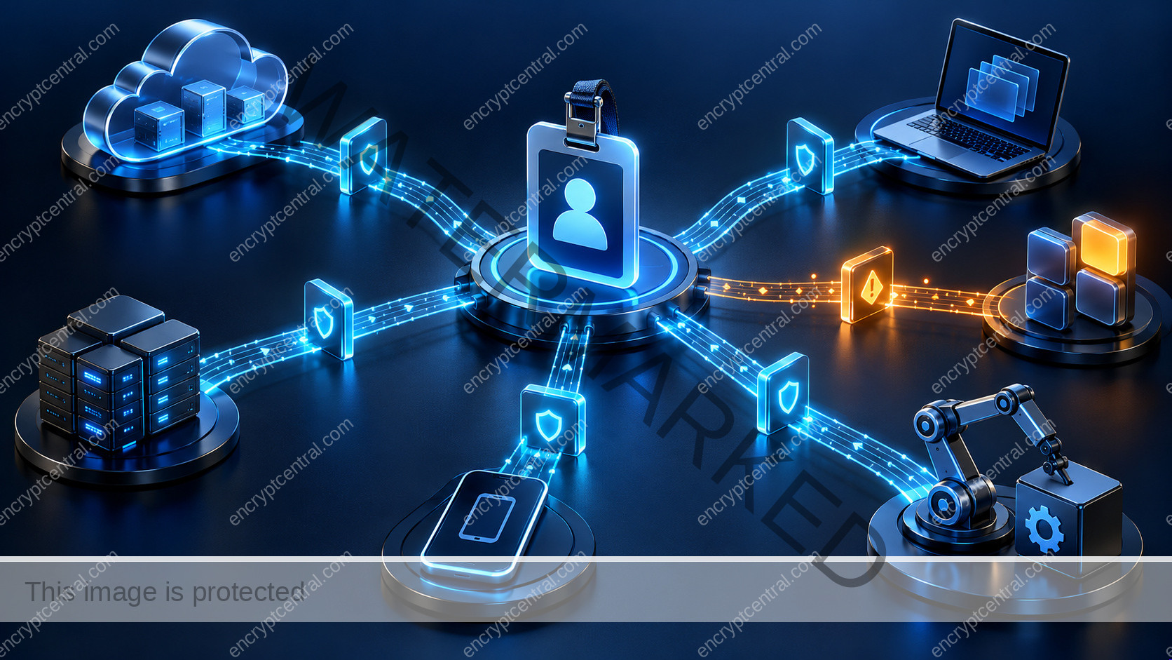 A coherent access map fans out from an employee identity badge to cloud applications, device and automation key; each path passes through a cyan closure checkpoint, one amber residual session highlighted. Conceptual illustration.