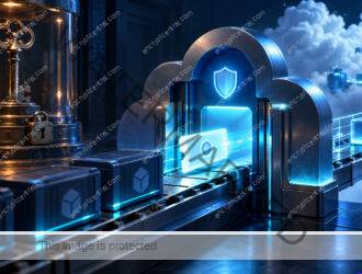 A software deployment pipeline exchanges a glowing single-use identity ticket at a cloud trust gate; a heavy old metal key remains locked behind glass as scoped cyan access proceeds. Conceptual illustration.