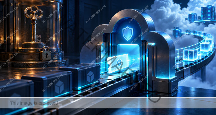 A software deployment pipeline exchanges a glowing single-use identity ticket at a cloud trust gate; a heavy old metal key remains locked behind glass as scoped cyan access proceeds. Conceptual illustration.