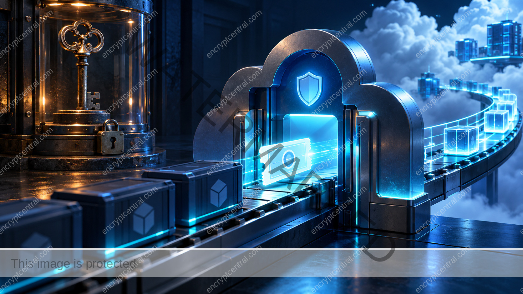 A software deployment pipeline exchanges a glowing single-use identity ticket at a cloud trust gate; a heavy old metal key remains locked behind glass as scoped cyan access proceeds. Conceptual illustration.