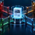 Four distinct secure distribution chambers using red, amber, green and clear cyan glass around a threat report, with controlled gates between recipient groups. Conceptual illustration.