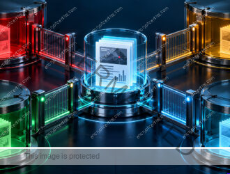 Four distinct secure distribution chambers using red, amber, green and clear cyan glass around a threat report, with controlled gates between recipient groups. Conceptual illustration.