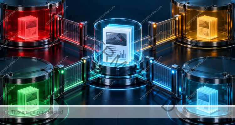 Four distinct secure distribution chambers using red, amber, green and clear cyan glass around a threat report, with controlled gates between recipient groups. Conceptual illustration.