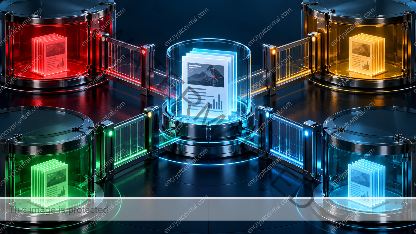 Four distinct secure distribution chambers using red, amber, green and clear cyan glass around a threat report, with controlled gates between recipient groups. Conceptual illustration.
