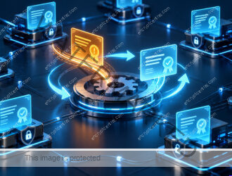 A network of miniature TLS endpoints displays luminous certificate panels, one amber near-expiry panel travels through a controlled renewal loop and returns cyan after endpoint verification, no readable dates. Conceptual illustration.
