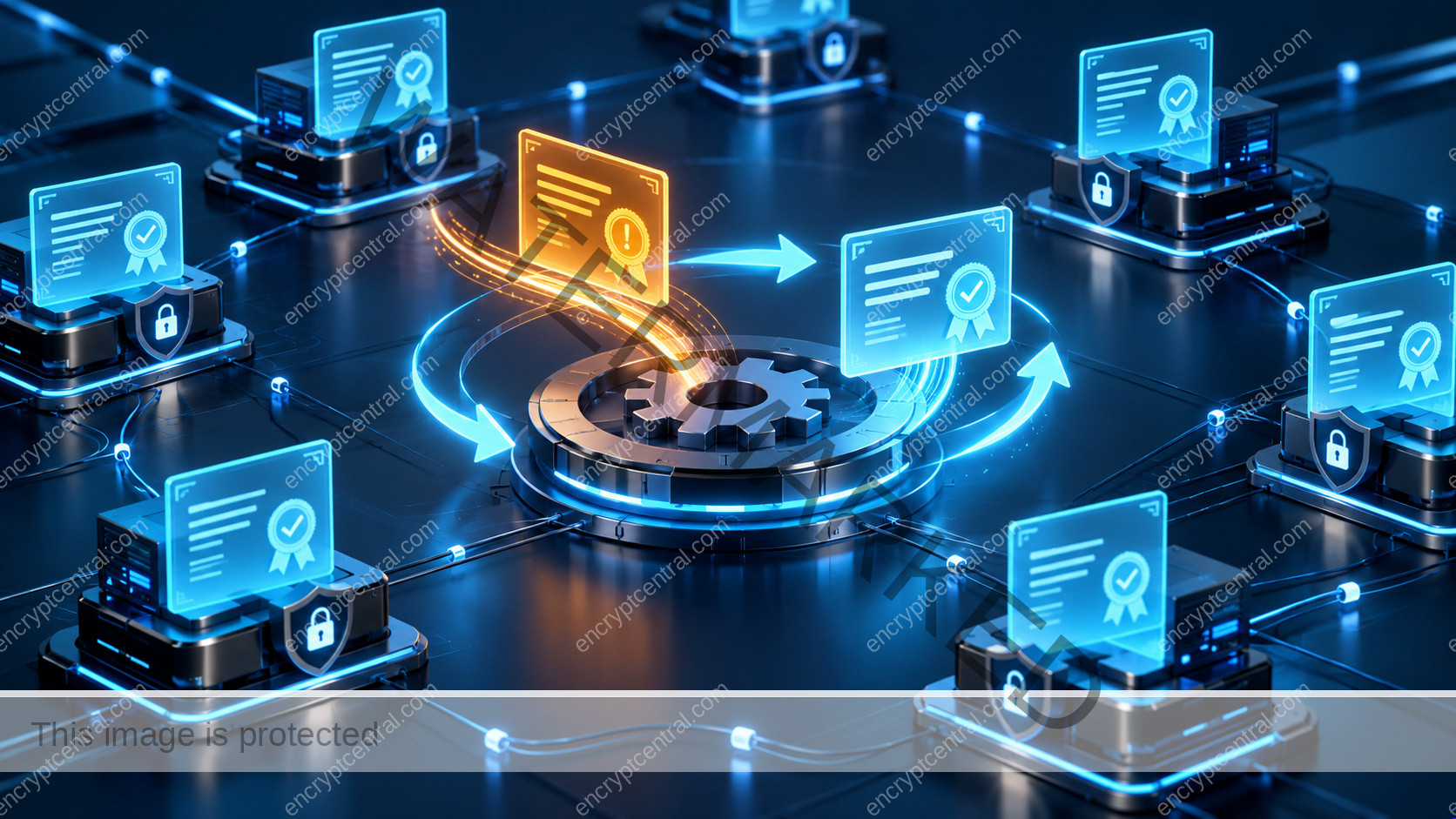 A network of miniature TLS endpoints displays luminous certificate panels, one amber near-expiry panel travels through a controlled renewal loop and returns cyan after endpoint verification, no readable dates. Conceptual illustration.