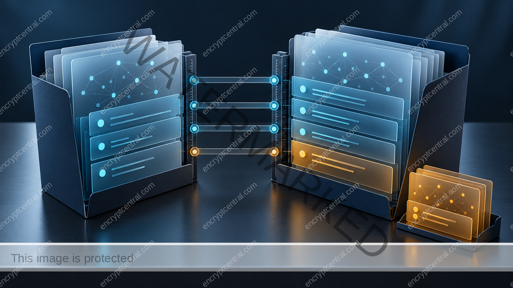 Two proposal folders with aligned cyan work layers and a separate amber module, illustrating scope comparison.