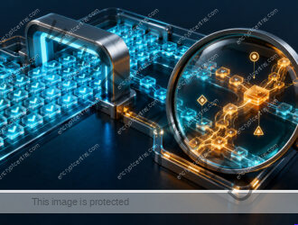 A cyan inspection arch checks repeated tiles while a magnifying lens examines an amber branching path in the same conceptual system.