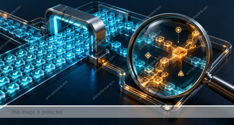 A cyan inspection arch checks repeated tiles while a magnifying lens examines an amber branching path in the same conceptual system.