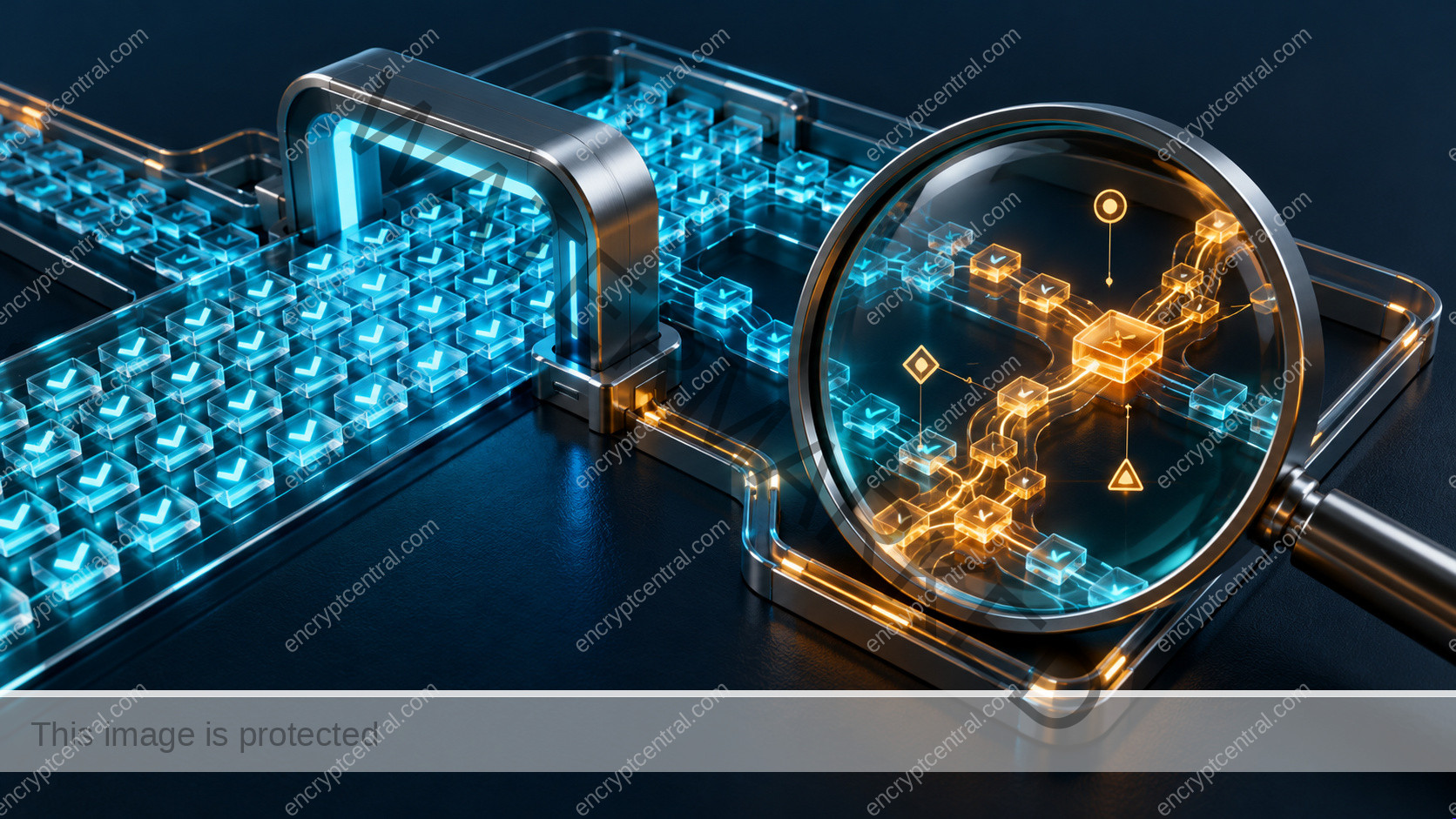 A cyan inspection arch checks repeated tiles while a magnifying lens examines an amber branching path in the same conceptual system.