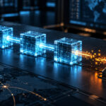 An architectural chain of four luminous glass event blocks crossing a dark operations table; one amber gap breaks the cyan signal before a physical alert terminal. Conceptual illustration.