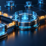 Three service modules connect to a central coordination ring through distinct illuminated bridges, illustrating internal-team and external-provider handoffs.