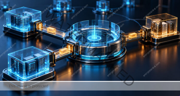 Three service modules connect to a central coordination ring through distinct illuminated bridges, illustrating internal-team and external-provider handoffs.
