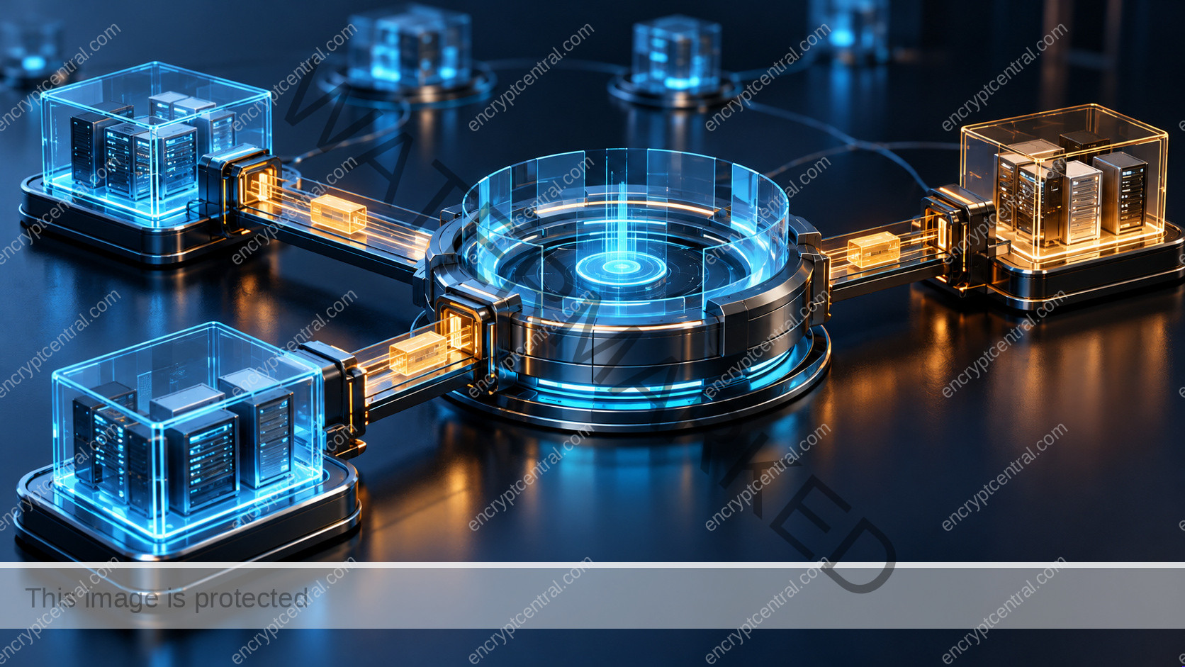 Three service modules connect to a central coordination ring through distinct illuminated bridges, illustrating internal-team and external-provider handoffs.