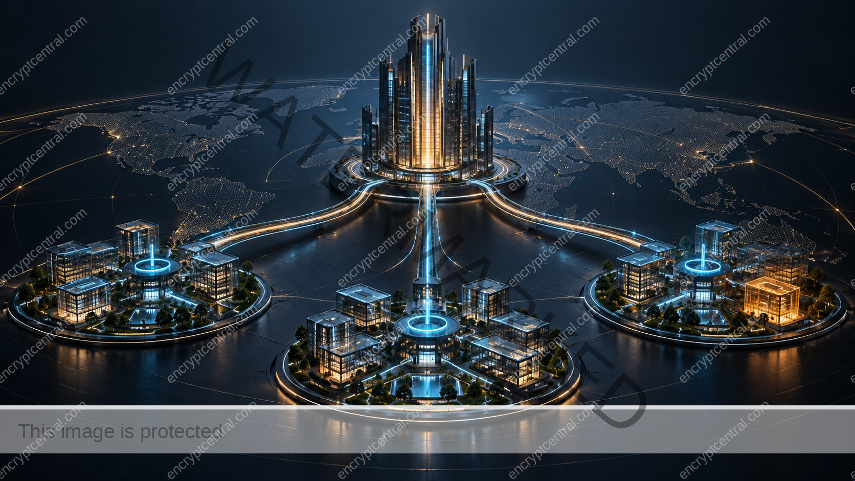 Three regional campuses retain cyan local coordination hubs while illuminated routes connect them to a central command structure; one service is highlighted in amber.