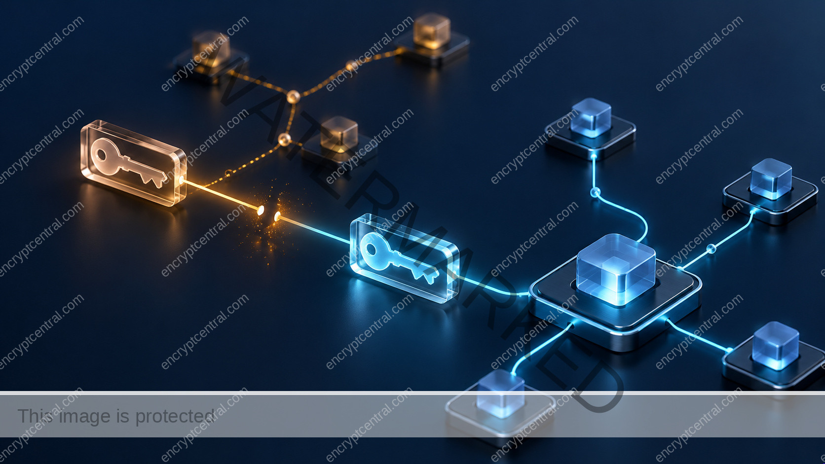 An amber key token is separated from a cyan replacement and its service network, while an amber branch remains in the background.