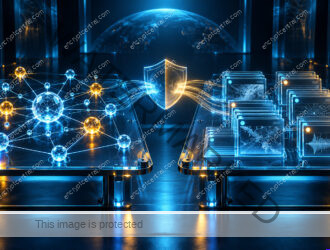 Two equally substantial glass workbenches: one with a connected threat knowledge graph, the other with structured intelligence event cards and controlled sharing links; balanced comparison under cyan light, no brands. Conceptual illustration.