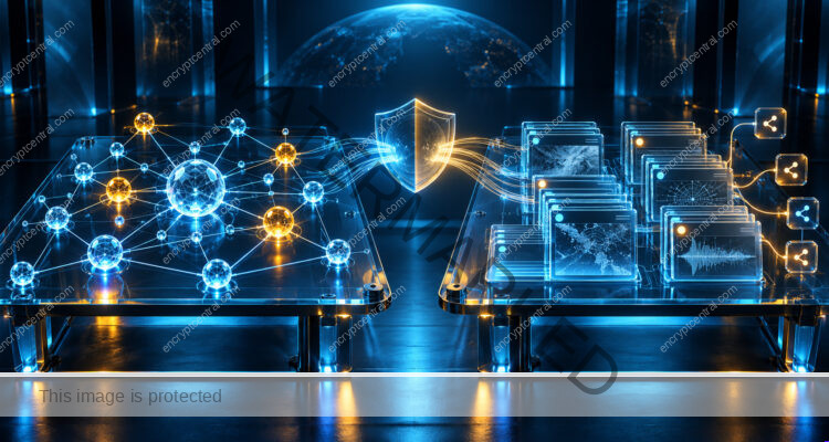 Two equally substantial glass workbenches: one with a connected threat knowledge graph, the other with structured intelligence event cards and controlled sharing links; balanced comparison under cyan light, no brands. Conceptual illustration.
